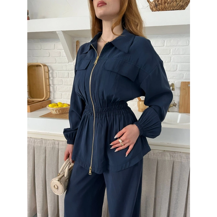 Çift Fermuar Detaylı Bel Büzgülü Modal Takım Lacivert