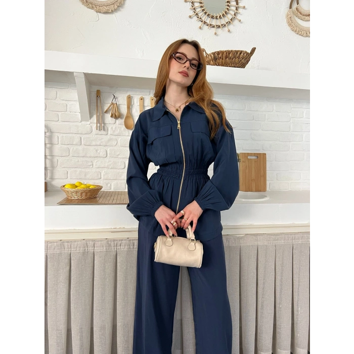 Çift Fermuar Detaylı Bel Büzgülü Modal Takım Lacivert