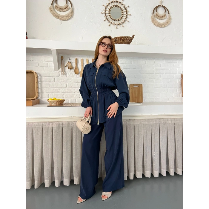 Çift Fermuar Detaylı Bel Büzgülü Modal Takım Lacivert