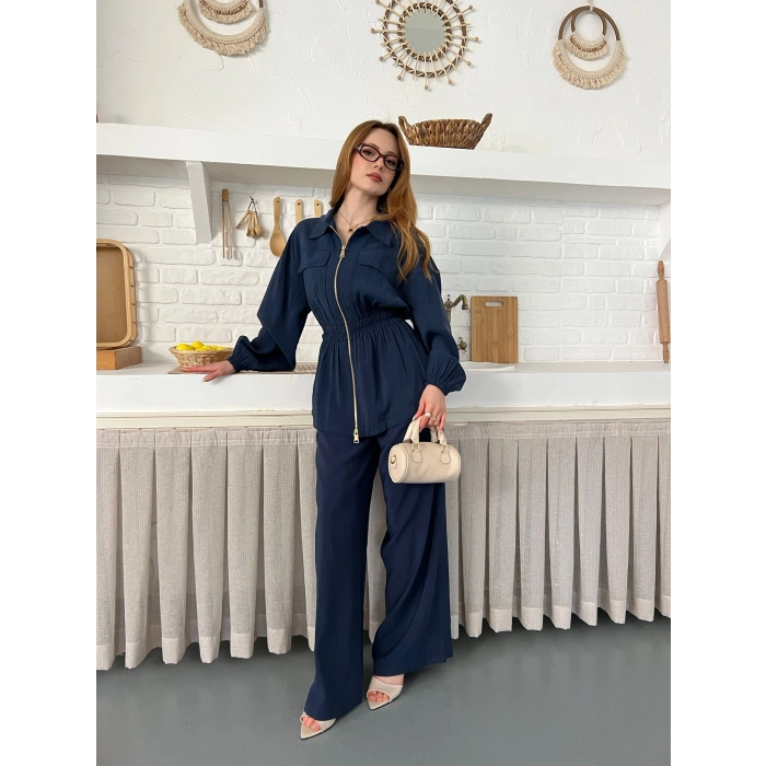 Çift Fermuar Detaylı Bel Büzgülü Modal Takım Lacivert