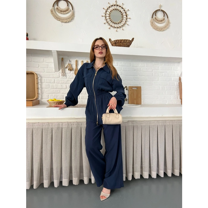 Çift Fermuar Detaylı Bel Büzgülü Modal Takım Lacivert