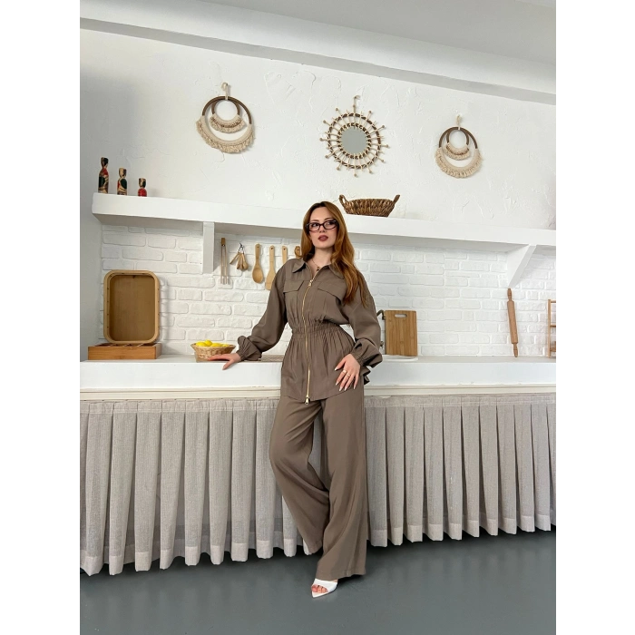 Çift Fermuar Detaylı Bel Büzgülü Modal Takım Haki