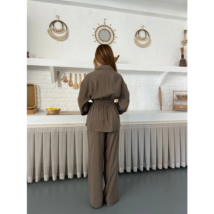 Çift Fermuar Detaylı Bel Büzgülü Modal Takım Haki