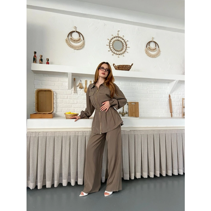 Çift Fermuar Detaylı Bel Büzgülü Modal Takım Haki