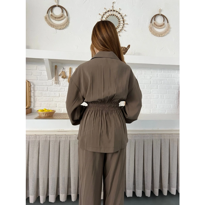 Çift Fermuar Detaylı Bel Büzgülü Modal Takım Haki