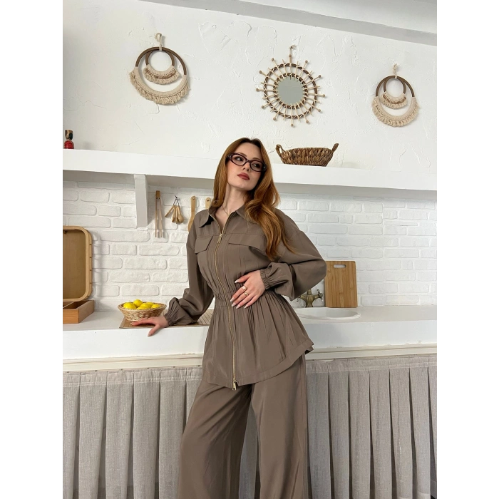 Çift Fermuar Detaylı Bel Büzgülü Modal Takım Haki