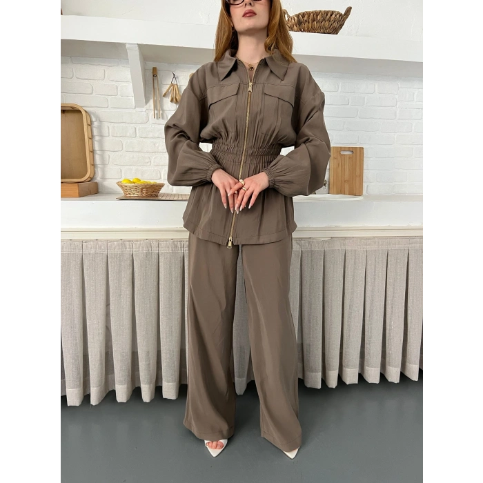 Çift Fermuar Detaylı Bel Büzgülü Modal Takım Haki