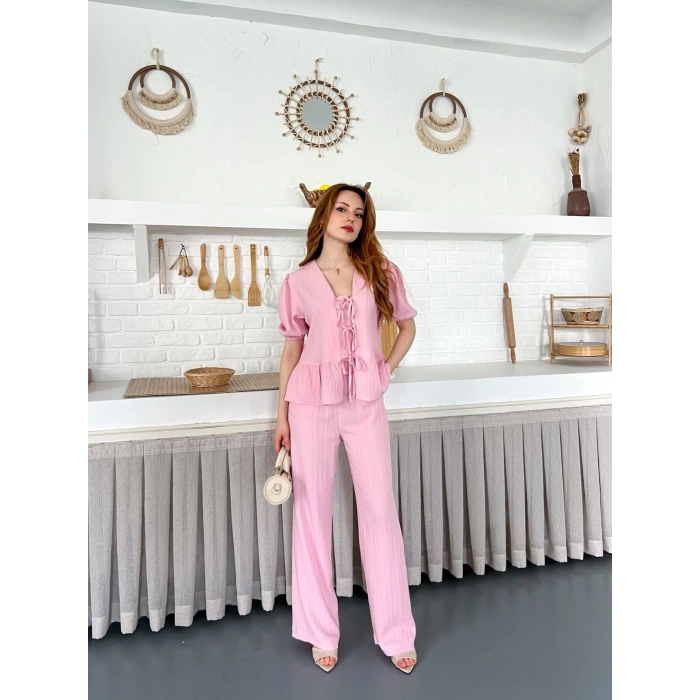 Çilek Kumaş Önden Bağlamalı Takım Pembe