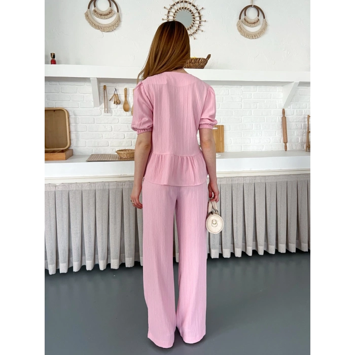 Çilek Kumaş Önden Bağlamalı Takım Pembe