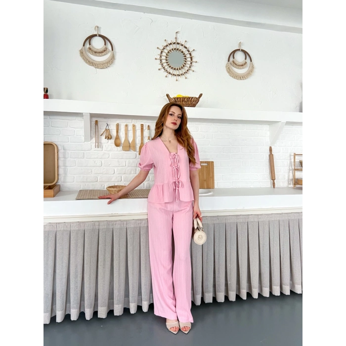 Çilek Kumaş Önden Bağlamalı Takım Pembe