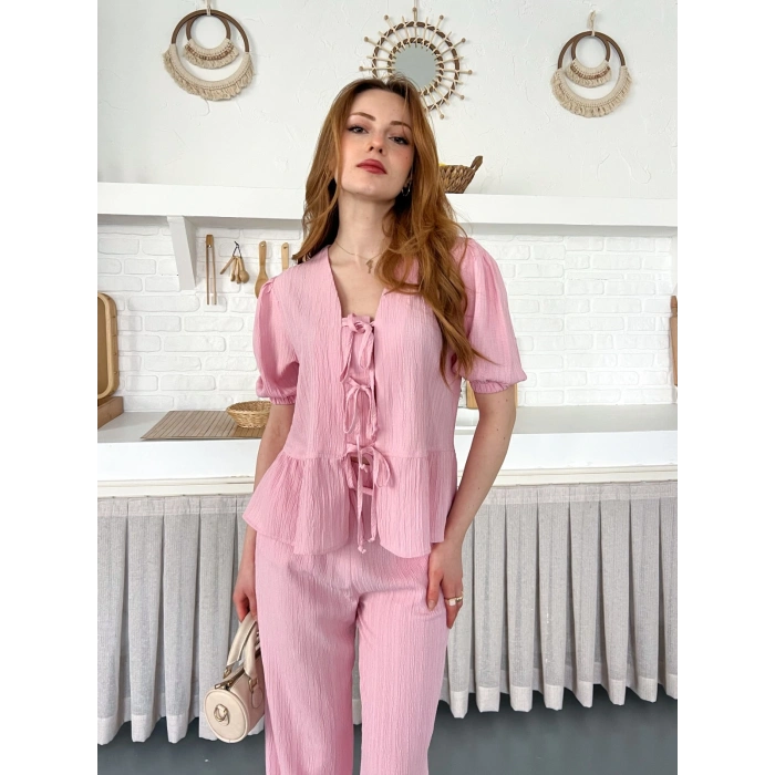 Çilek Kumaş Önden Bağlamalı Takım Pembe