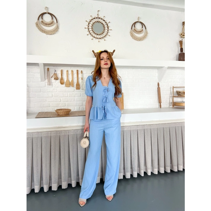 Çilek Kumaş Önden Bağlamalı Takım Açık Mavi