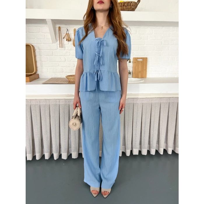 Çilek Kumaş Önden Bağlamalı Takım Açık Mavi