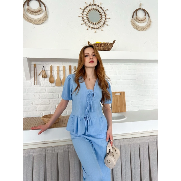 Çilek Kumaş Önden Bağlamalı Takım Açık Mavi