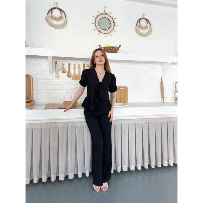 Çilek Kumaş Önden Bağlamalı Takım Siyah