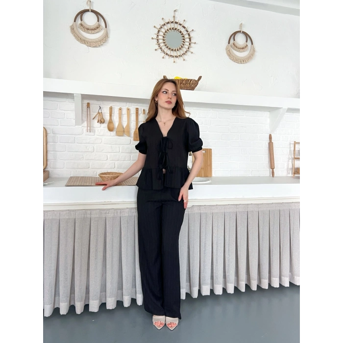 Çilek Kumaş Önden Bağlamalı Takım Siyah