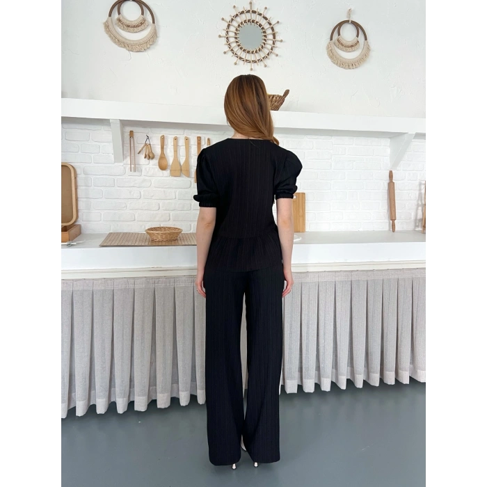 Çilek Kumaş Önden Bağlamalı Takım Siyah