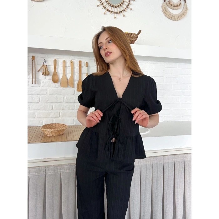 Çilek Kumaş Önden Bağlamalı Takım Siyah