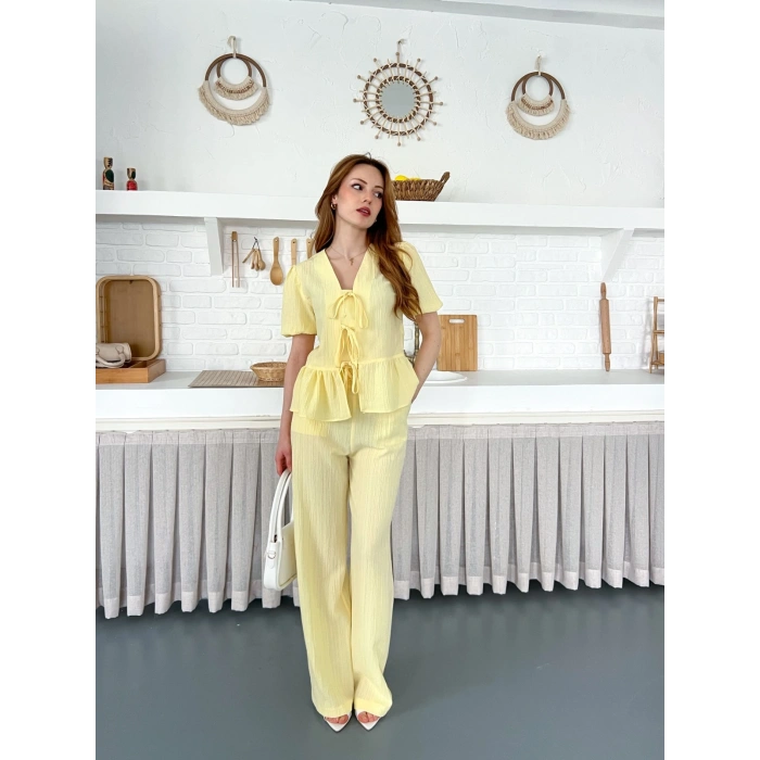 Çilek Kumaş Önden Bağlamalı Takım Sarı