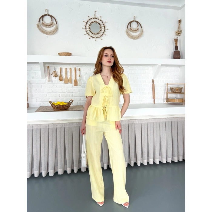 Çilek Kumaş Önden Bağlamalı Takım Sarı