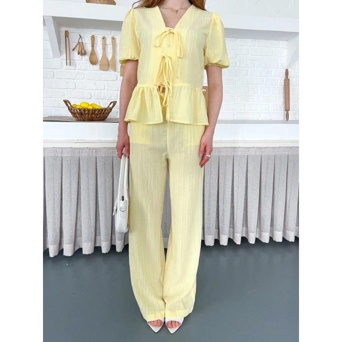 Çilek Kumaş Önden Bağlamalı Takım Sarı