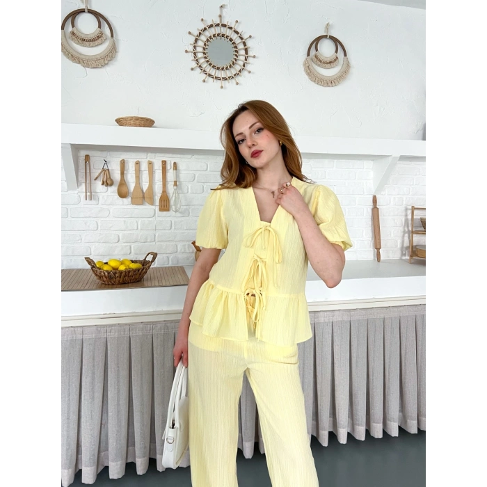 Çilek Kumaş Önden Bağlamalı Takım Sarı