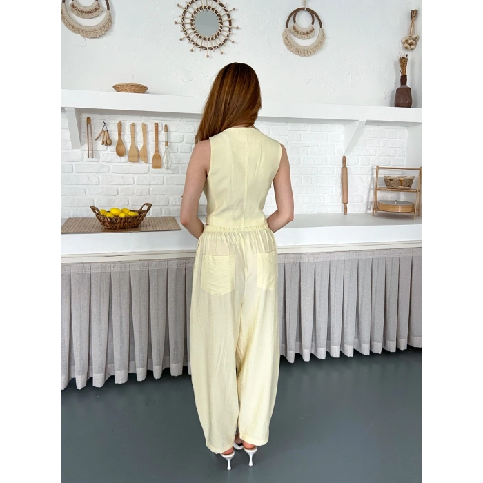 Çilek Kumaş Yelekli Takım Sarı