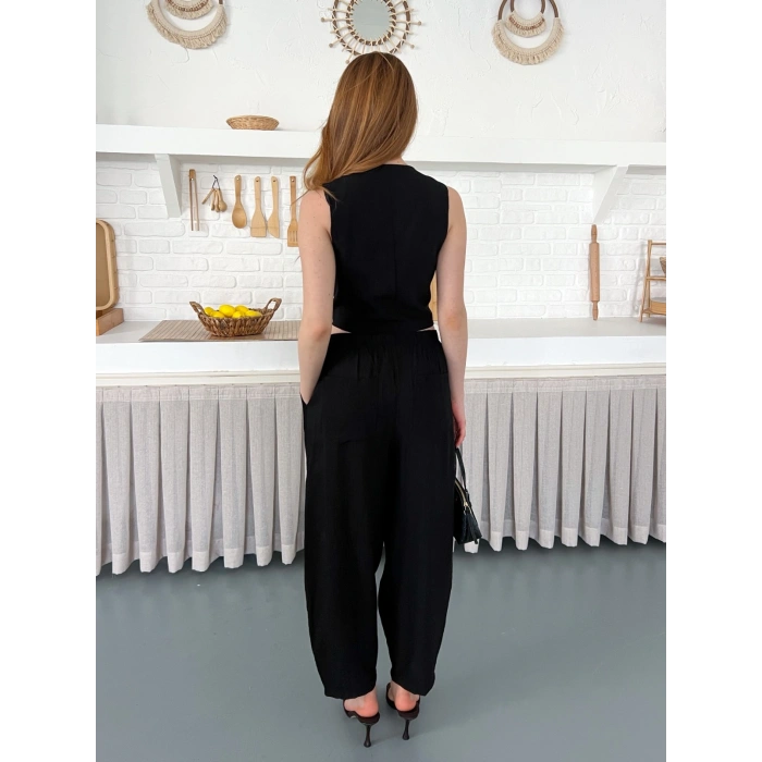 Çilek Kumaş Yelekli Takım Siyah