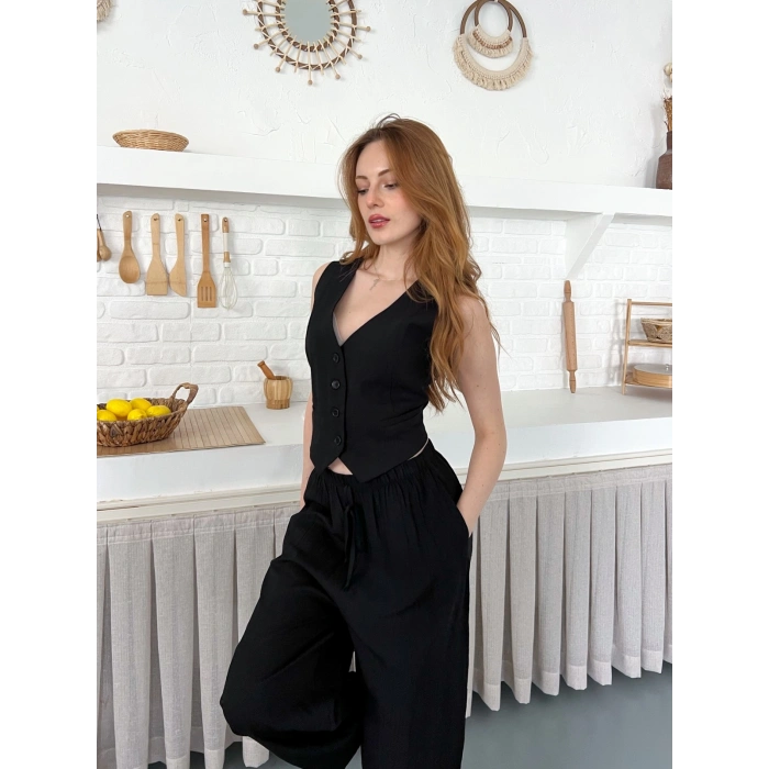 Çilek Kumaş Yelekli Takım Siyah