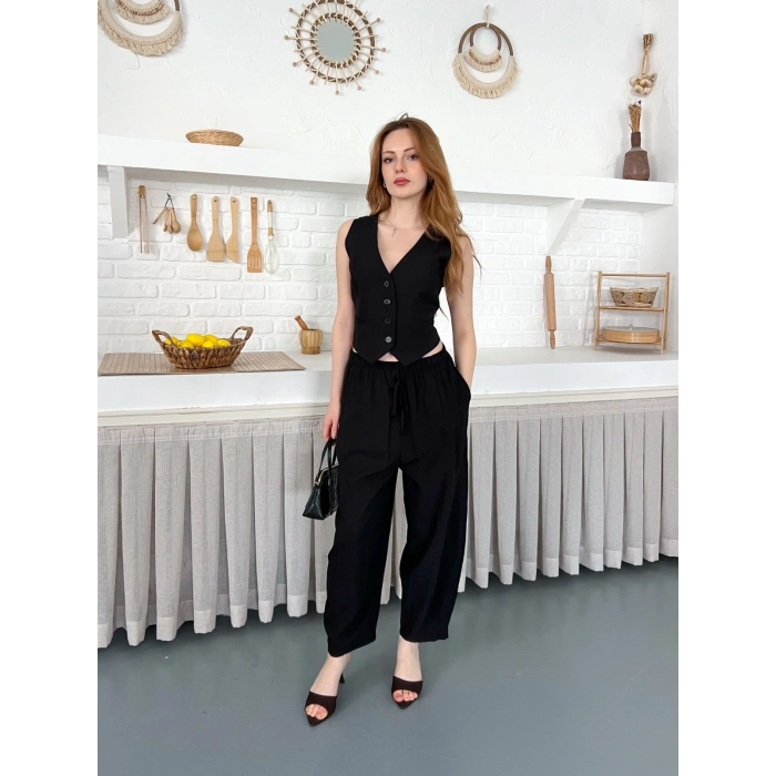 Çilek Kumaş Yelekli Takım Siyah