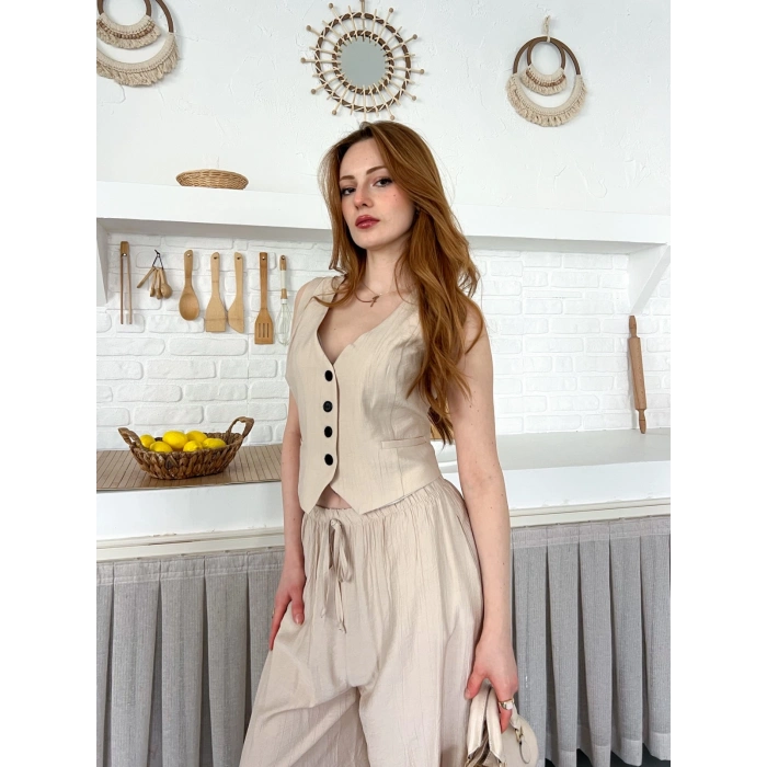 Çilek Kumaş Yelekli Takım Bej