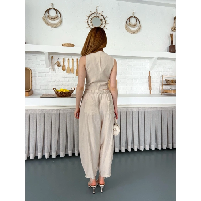 Çilek Kumaş Yelekli Takım Bej