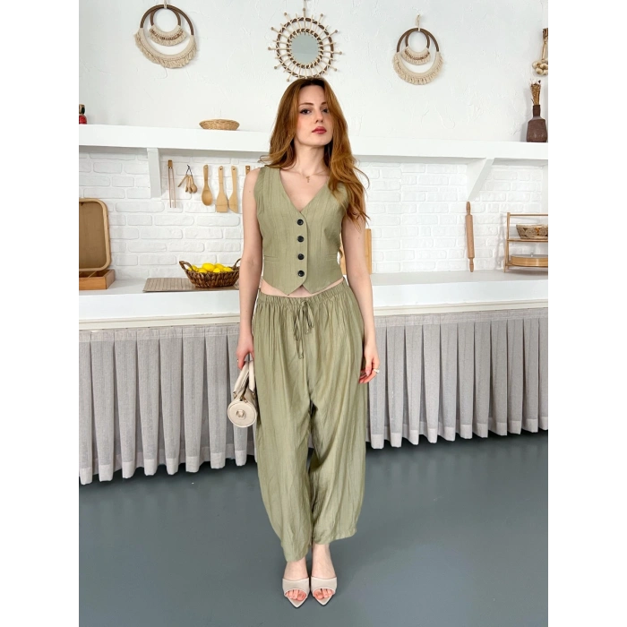 Çilek Kumaş Yelekli Takım Haki