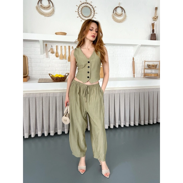 Çilek Kumaş Yelekli Takım Haki