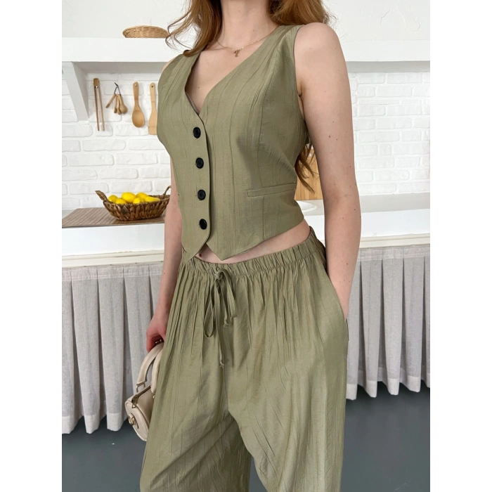 Çilek Kumaş Yelekli Takım Haki