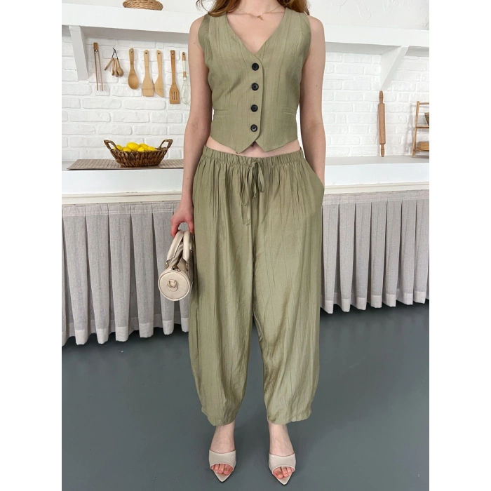 Çilek Kumaş Yelekli Takım Haki