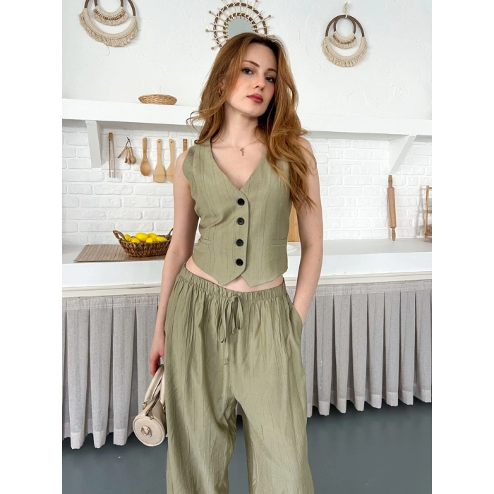 Çilek Kumaş Yelekli Takım Haki