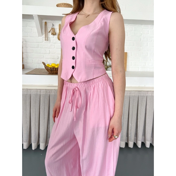 Çilek Kumaş Yelekli Takım Pembe