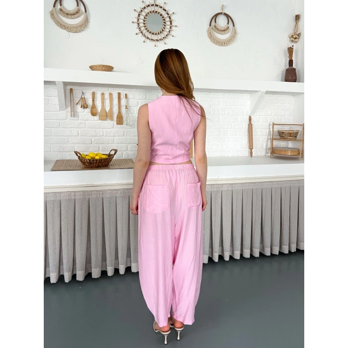 Çilek Kumaş Yelekli Takım Pembe