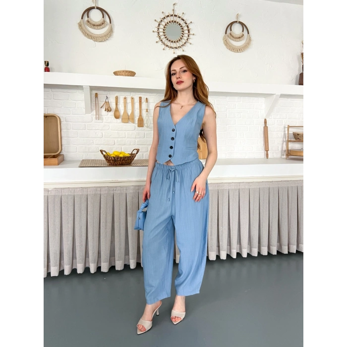 Çilek Kumaş Yelekli Takım Mavi