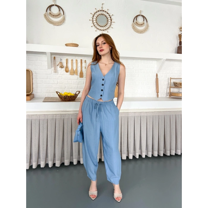 Çilek Kumaş Yelekli Takım Mavi