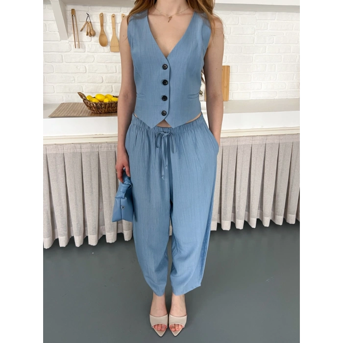 Çilek Kumaş Yelekli Takım Mavi