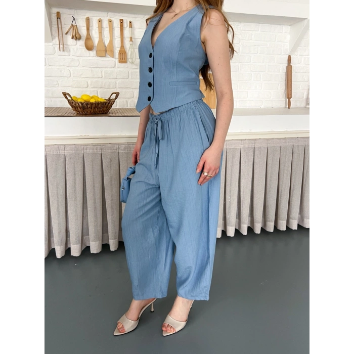 Çilek Kumaş Yelekli Takım Mavi