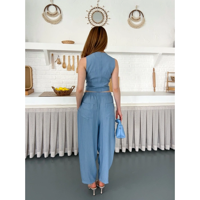 Çilek Kumaş Yelekli Takım Mavi