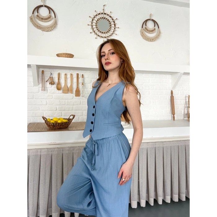 Çilek Kumaş Yelekli Takım Mavi