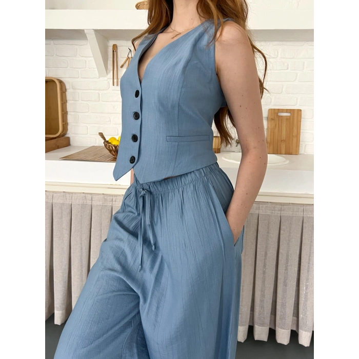 Çilek Kumaş Yelekli Takım Mavi