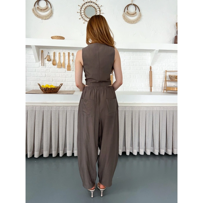 Çilek Kumaş Yelekli Takım Kahve