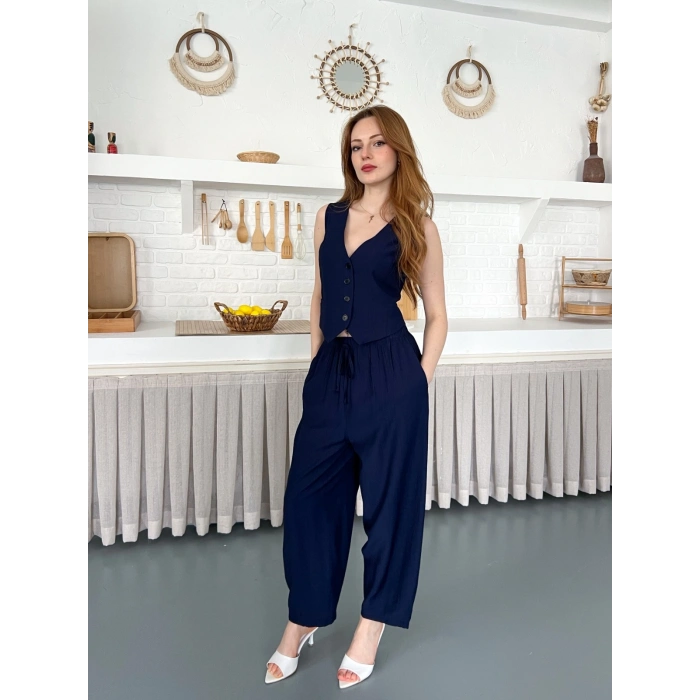 Çilek Kumaş Yelekli Takım Lacivert