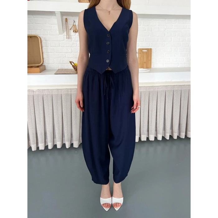 Çilek Kumaş Yelekli Takım Lacivert