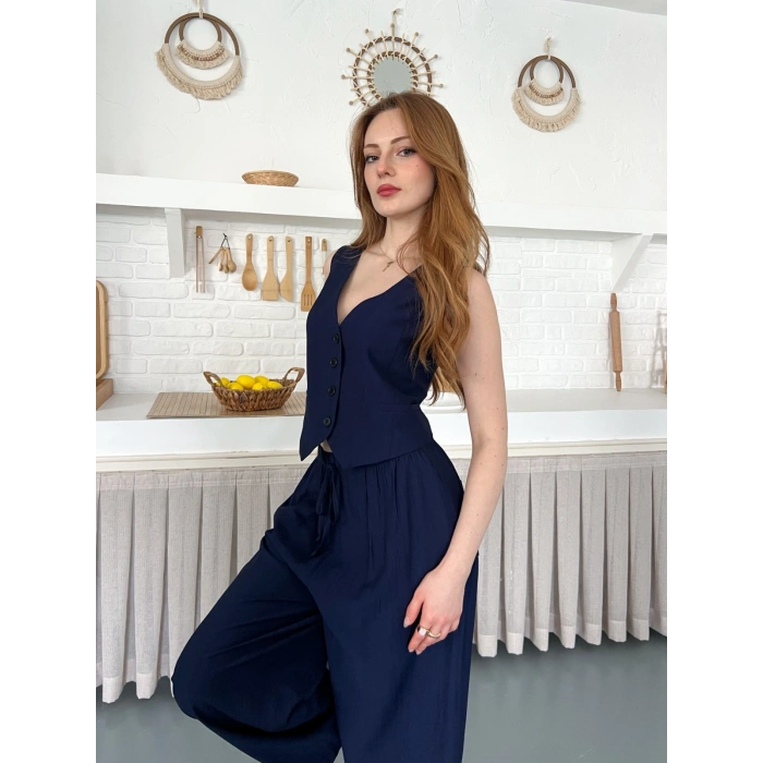 Çilek Kumaş Yelekli Takım Lacivert